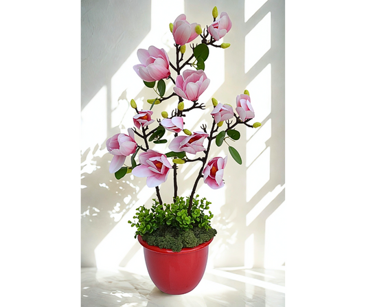 Aranjament magnolie artificiala roz pal cu alb in vaza ceramica rosie MAGDIO 60 CM