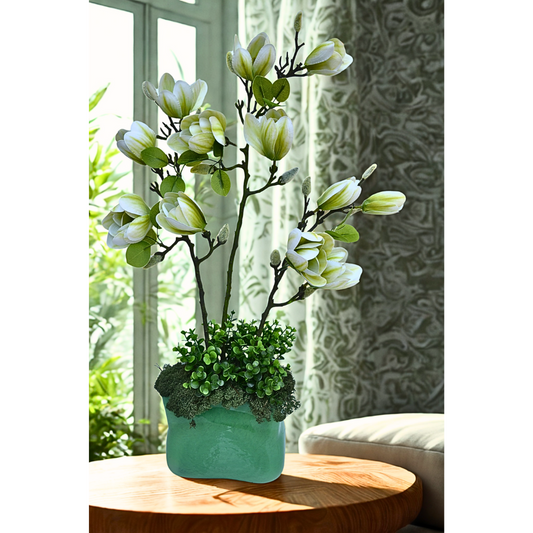 Planta artificiala magnolia verde in vaza de sticla verde 65 cm BAKTES 110