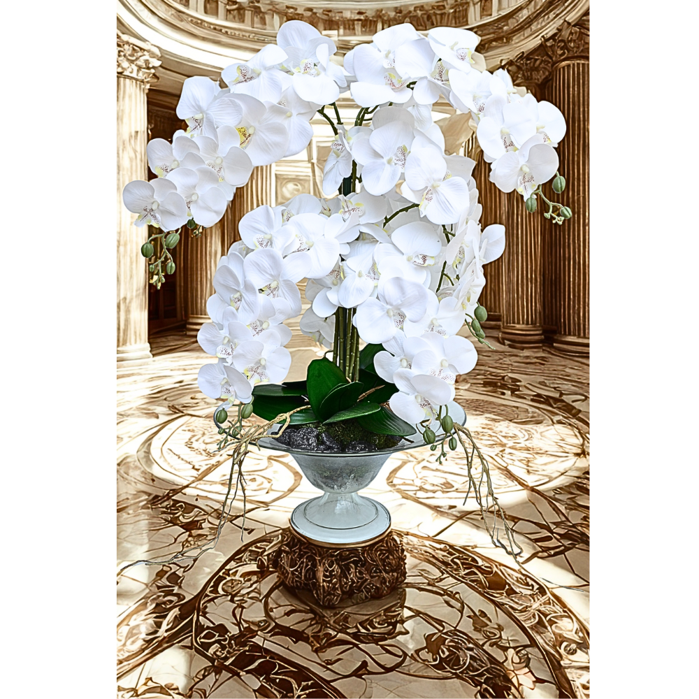 ORNAMENT FLORAL 11 FIRE ORHIDEE ALBA IN VAZA ORNAMENTALA DE STICLA PASSIFLORA 80cm/50cm