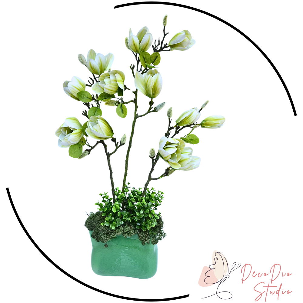 Planta artificiala magnolia verde in vaza de sticla verde 65 cm  BAKTES 110