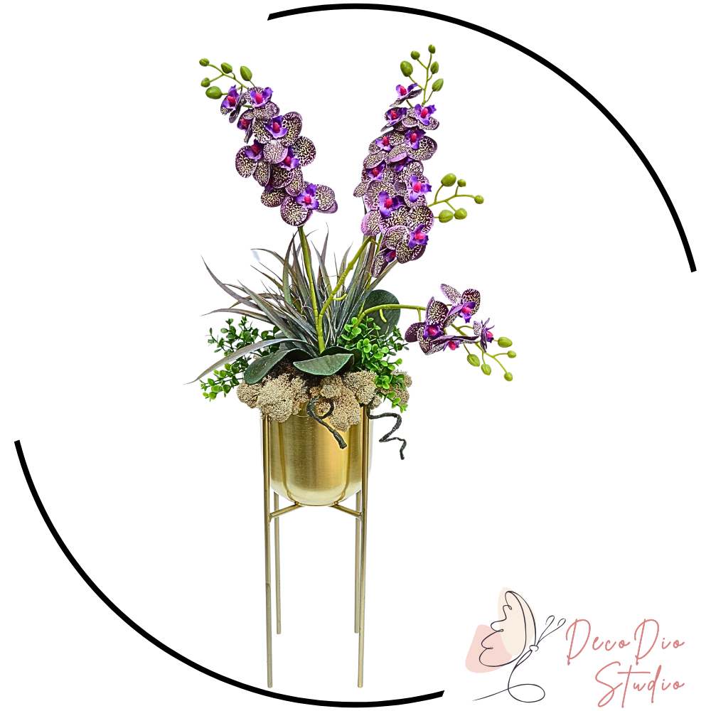 Aranjament orhidee artificiala violet in vaza inalta metalica gold PELIKAN 75cm