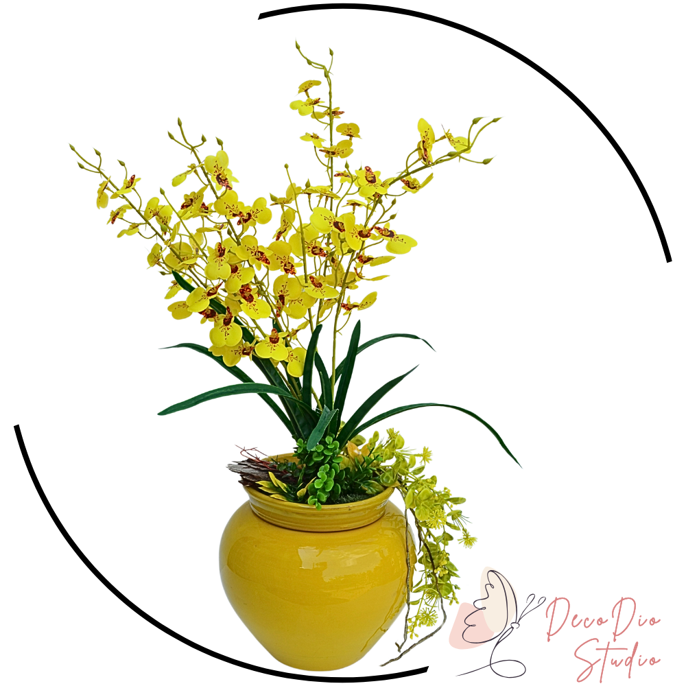 Aranjament floral orhidee artificiala in vaza ceramica galbena ORTOGAL 67cm