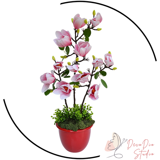 Aranjament magnolie  artificiala roz pal cu alb in vaza ceramica rosie MAGDIO  60 CM