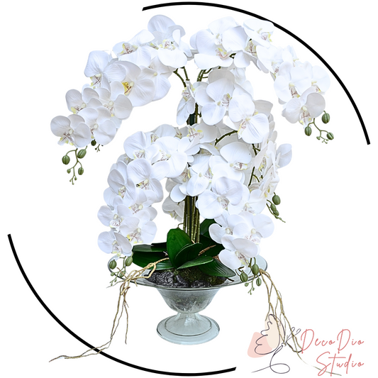 ORNAMENT FLORAL 11 FIRE ORHIDEE ALBA IN VAZA ORNAMENTALA DE STICLA  PASSIFLORA 80cm/50cm