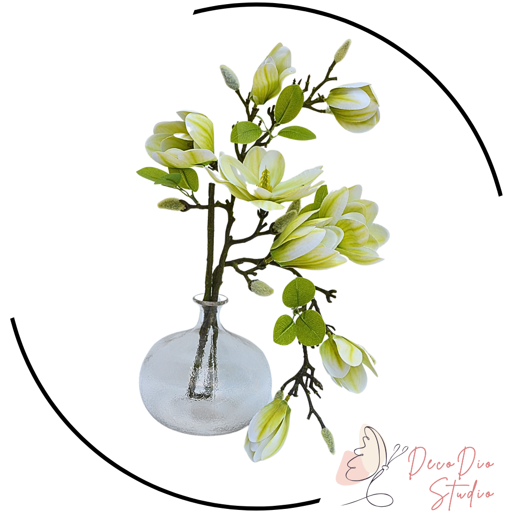 Aranjament magnolie artificiala verde in vaza de sticla marmorata MAGROUND 45 cm