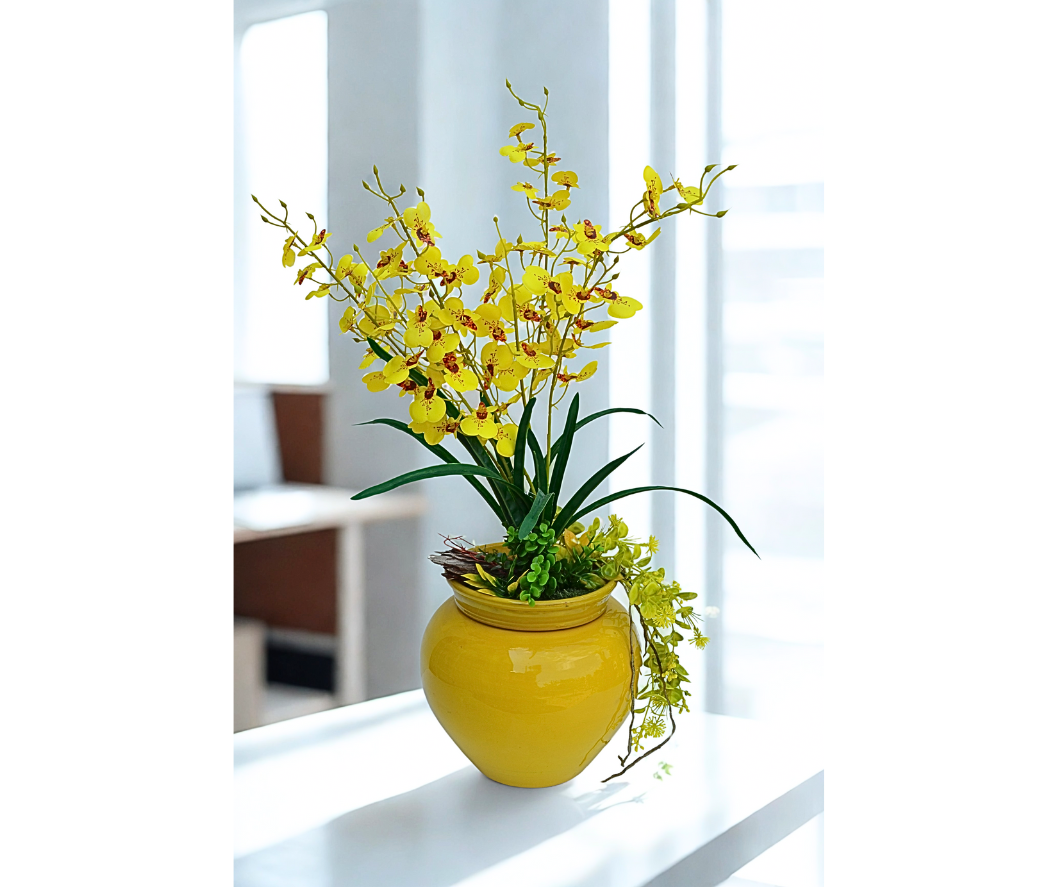 Aranjament floral orhidee artificiala in vaza ceramica galbena ORTOGAL 67cm
