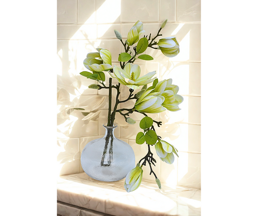 Aranjament magnolie artificiala verde in vaza de sticla marmorata MAGROUND 45 cm