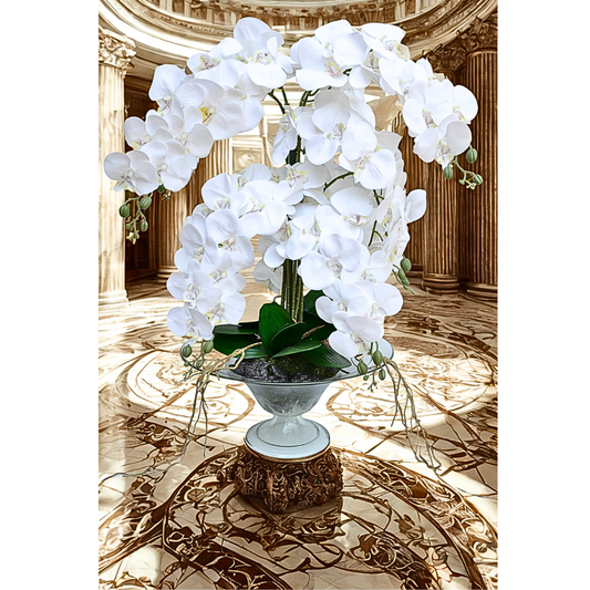 ORNAMENT FLORAL 11 FIRE ORHIDEE ALBA IN VAZA ORNAMENTALA DE STICLA  PASSIFLORA 80cm/50cm